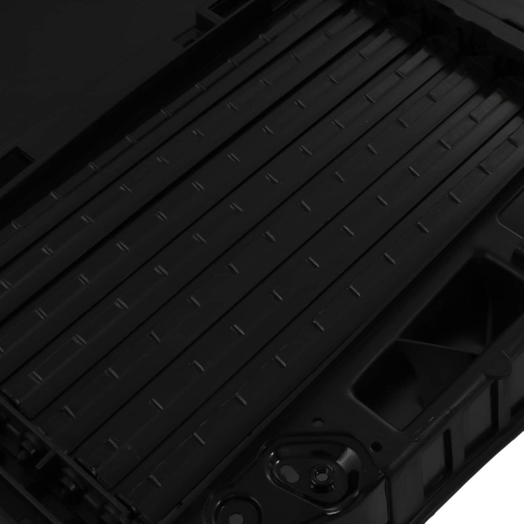 Close-up of black louvered air shutter vent slats and molded center opening