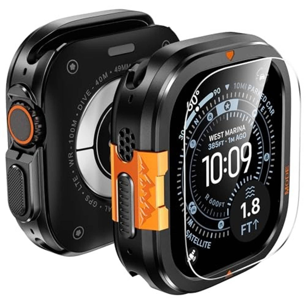 Black metal smartwatch case with orange accents and curved bezel for 49mm