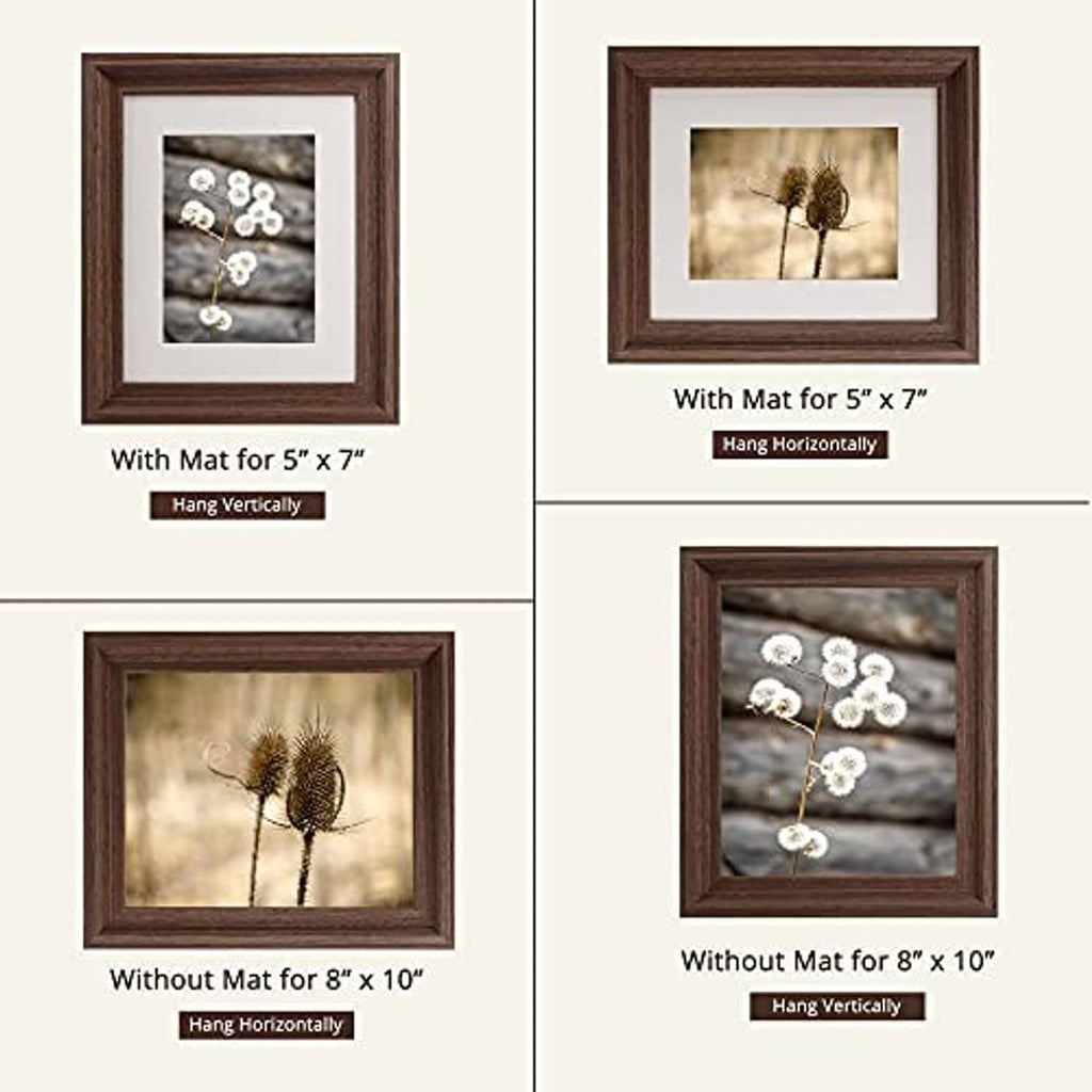 Four views of dark brown wood picture frame: with mat 5x7 and without mat 8x10.
