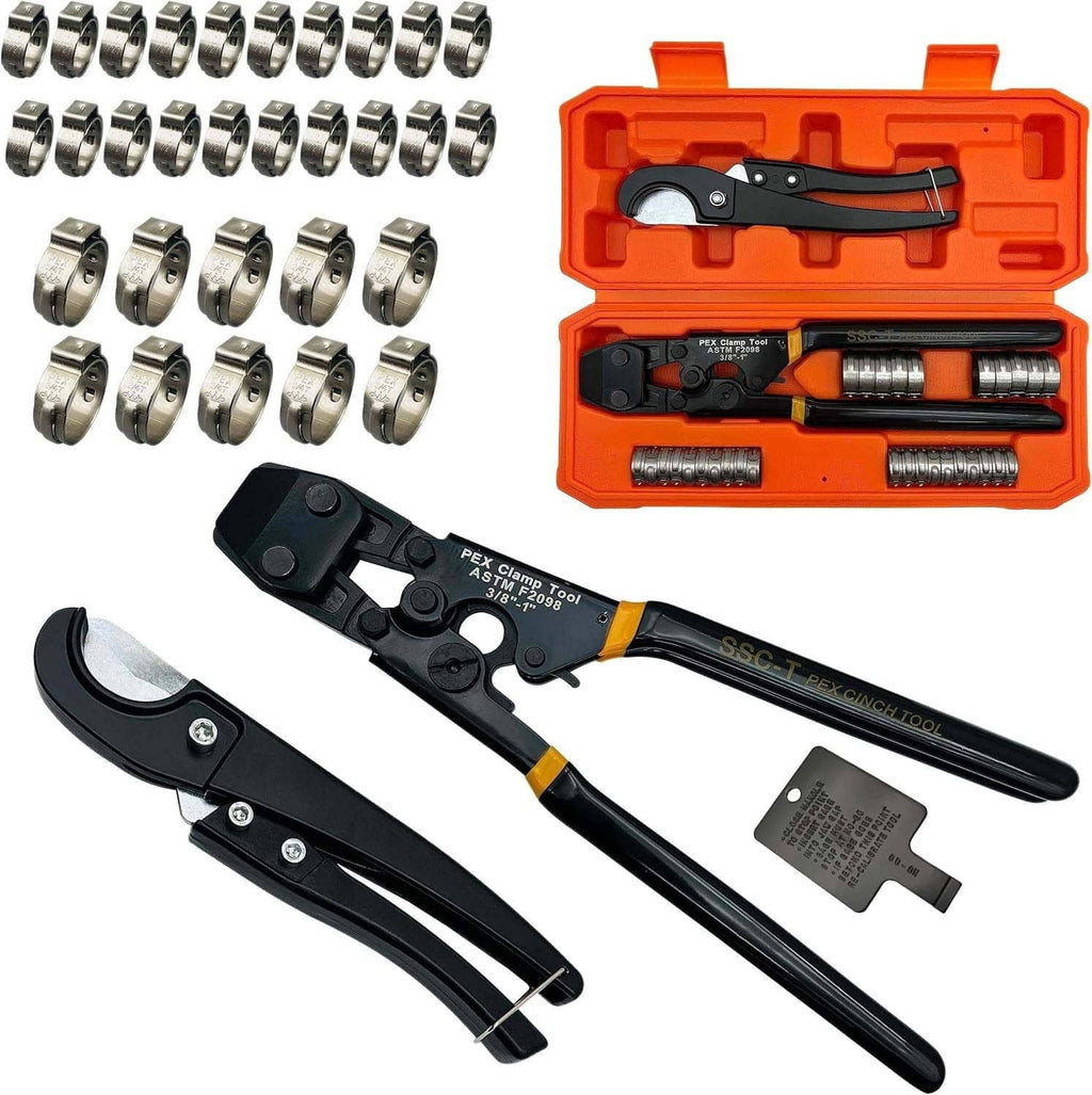 PEX clamp cinch tool with black handles and included crimp rings