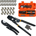PEX clamp cinch tool with black handles and included crimp rings