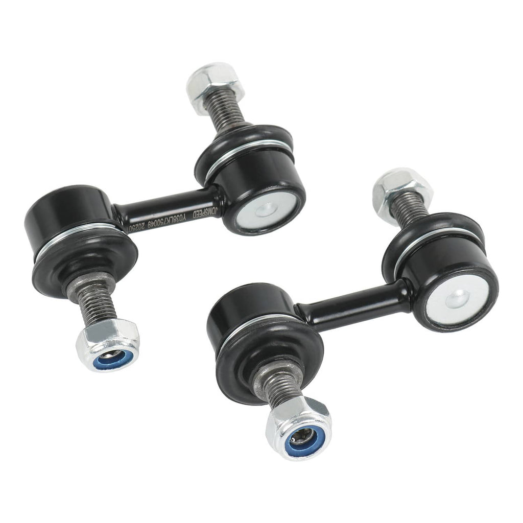 Pair of black front sway bar end links with silver bolts and white bushings