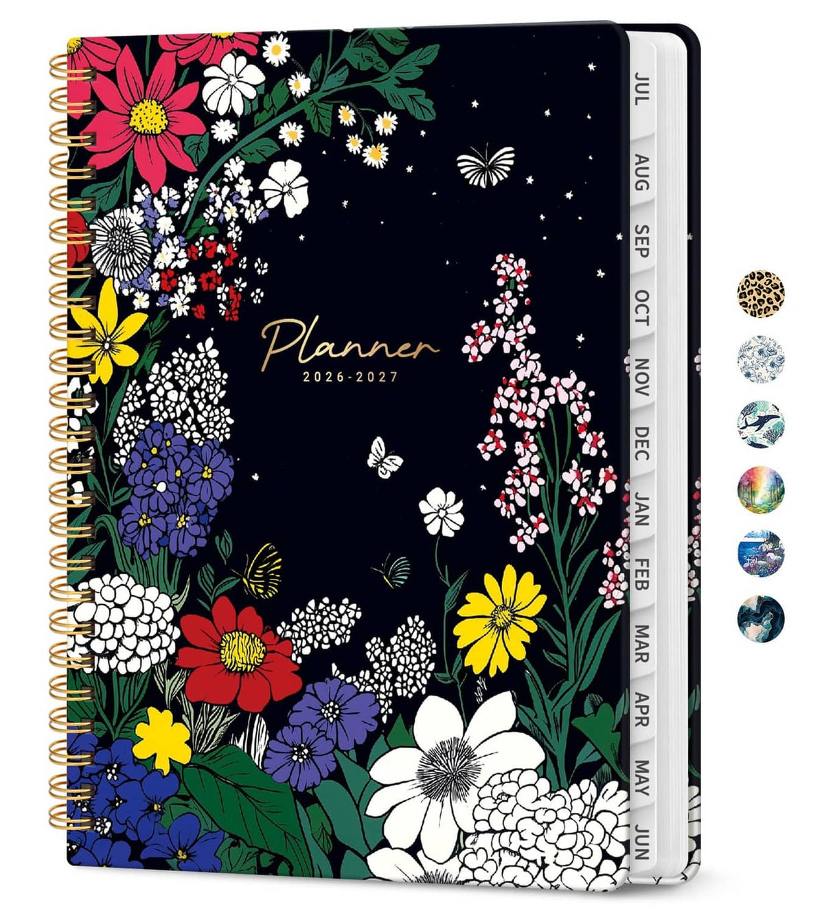 Floral spiral-bound academic planner cover with dark blue night garden design