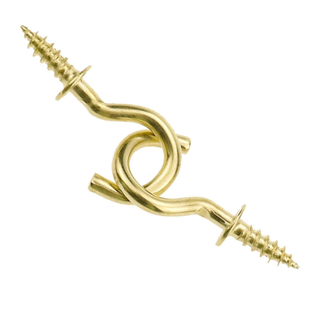 Gold cup hook screw with curved open end and screw threads, side view