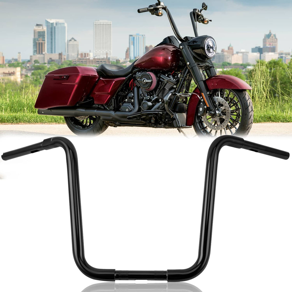 16-inch ape hanger handlebar with black curved bars for motorcycle handlebars