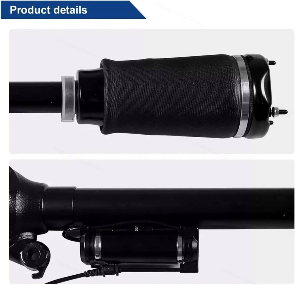 Air suspension strut detail with black air spring sleeve and mounting hardware