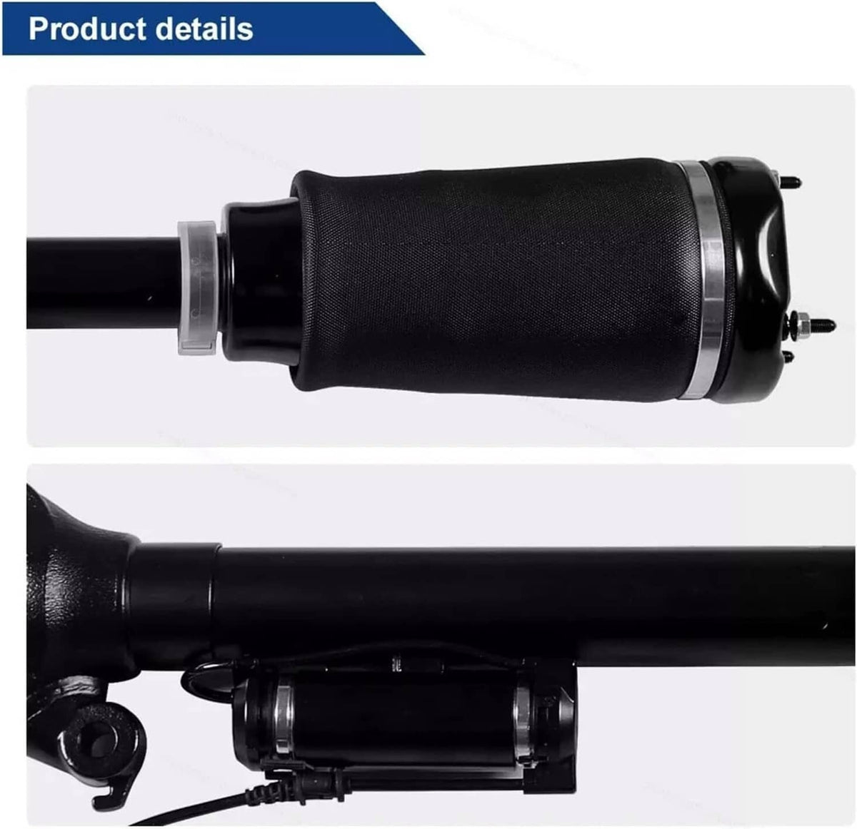 Air suspension strut detail with black air spring sleeve and mounting hardware