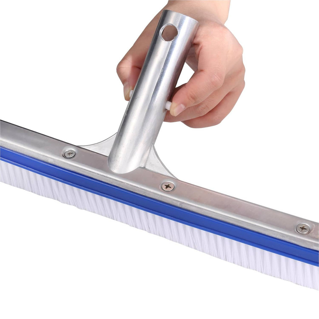 Close-up pool brush head with aluminum handle cup and blue-bordered white bristles