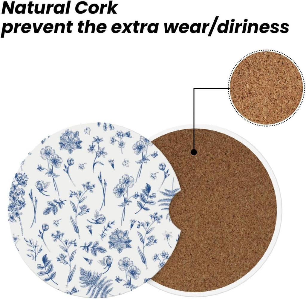 Blue floral ceramic car cup coaster with visible natural cork backing