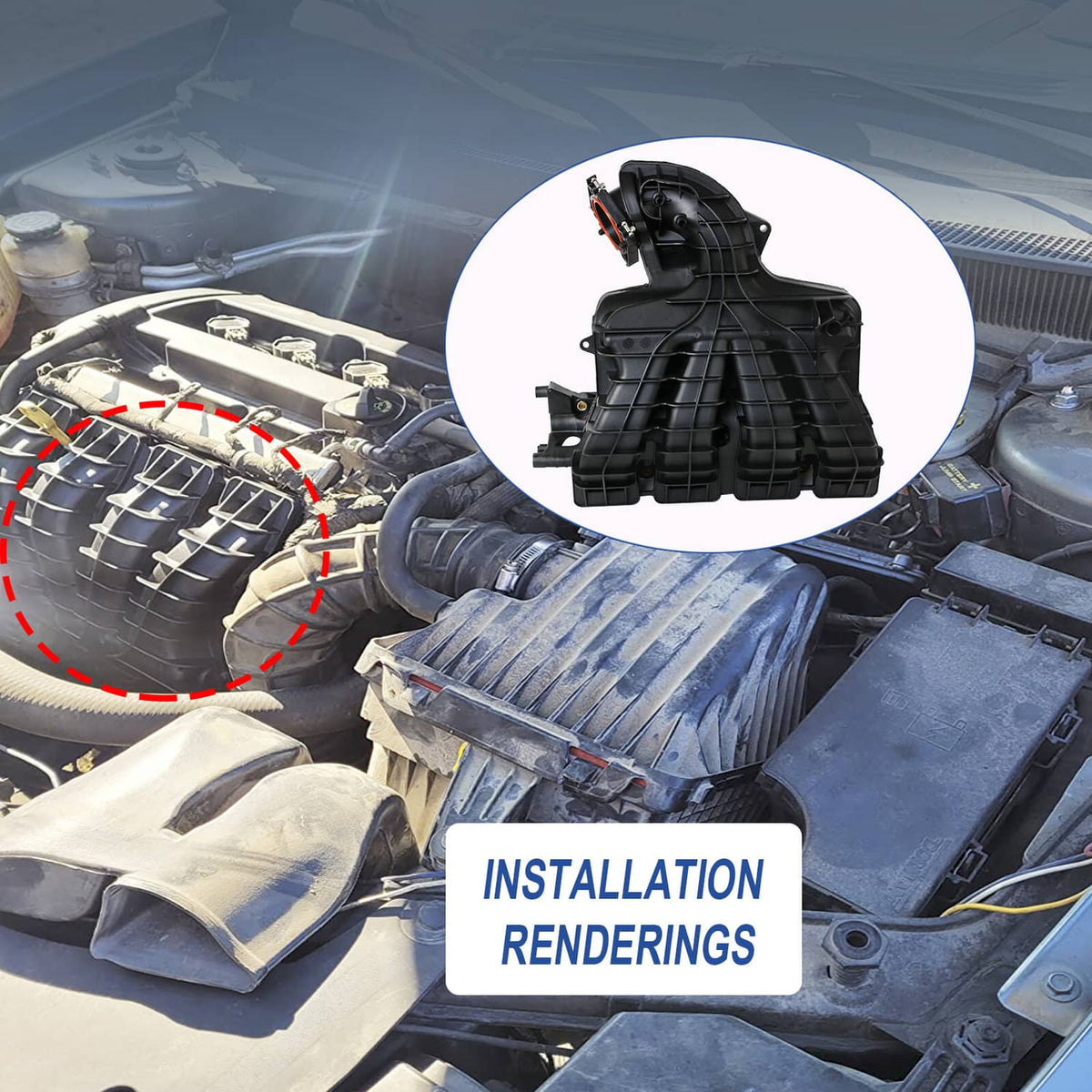 Black intake manifold in engine bay with visible runners near the air duct