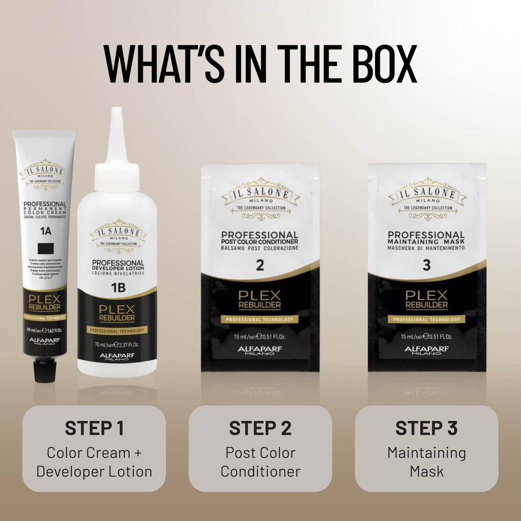 Plex Rebuilder kit steps 1–3 with color cream, post color conditioner, mask