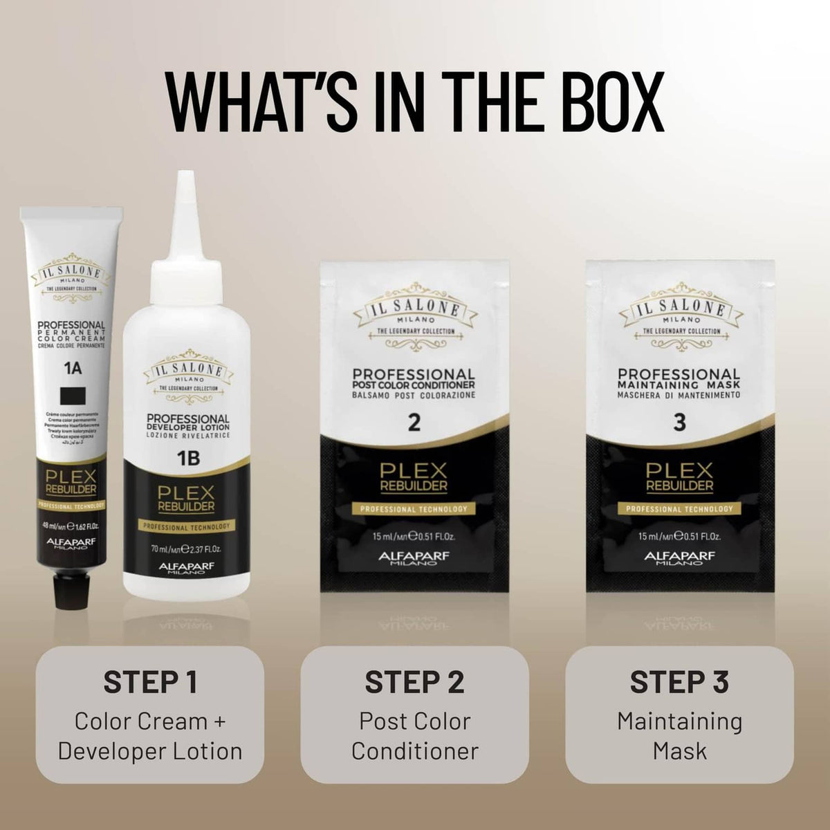 Plex Rebuilder kit steps 1–3 with color cream, post color conditioner, mask