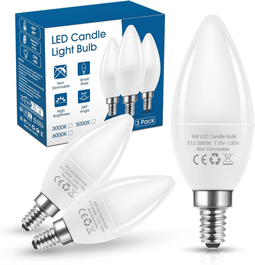 LED candelabra light bulb, E12 base, white teardrop shape, 5000K daylight.