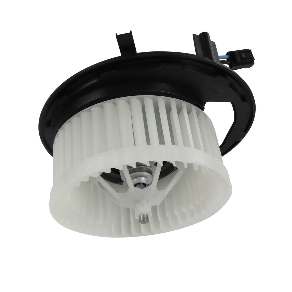 HVAC blower motor fan wheel with white blades and black mounting ring