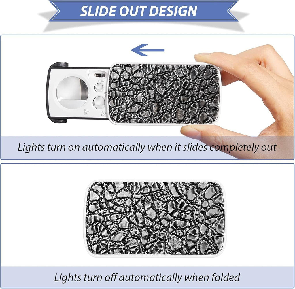 Slide-out illuminated jewelers loupe, white body with black textured pouch, LED