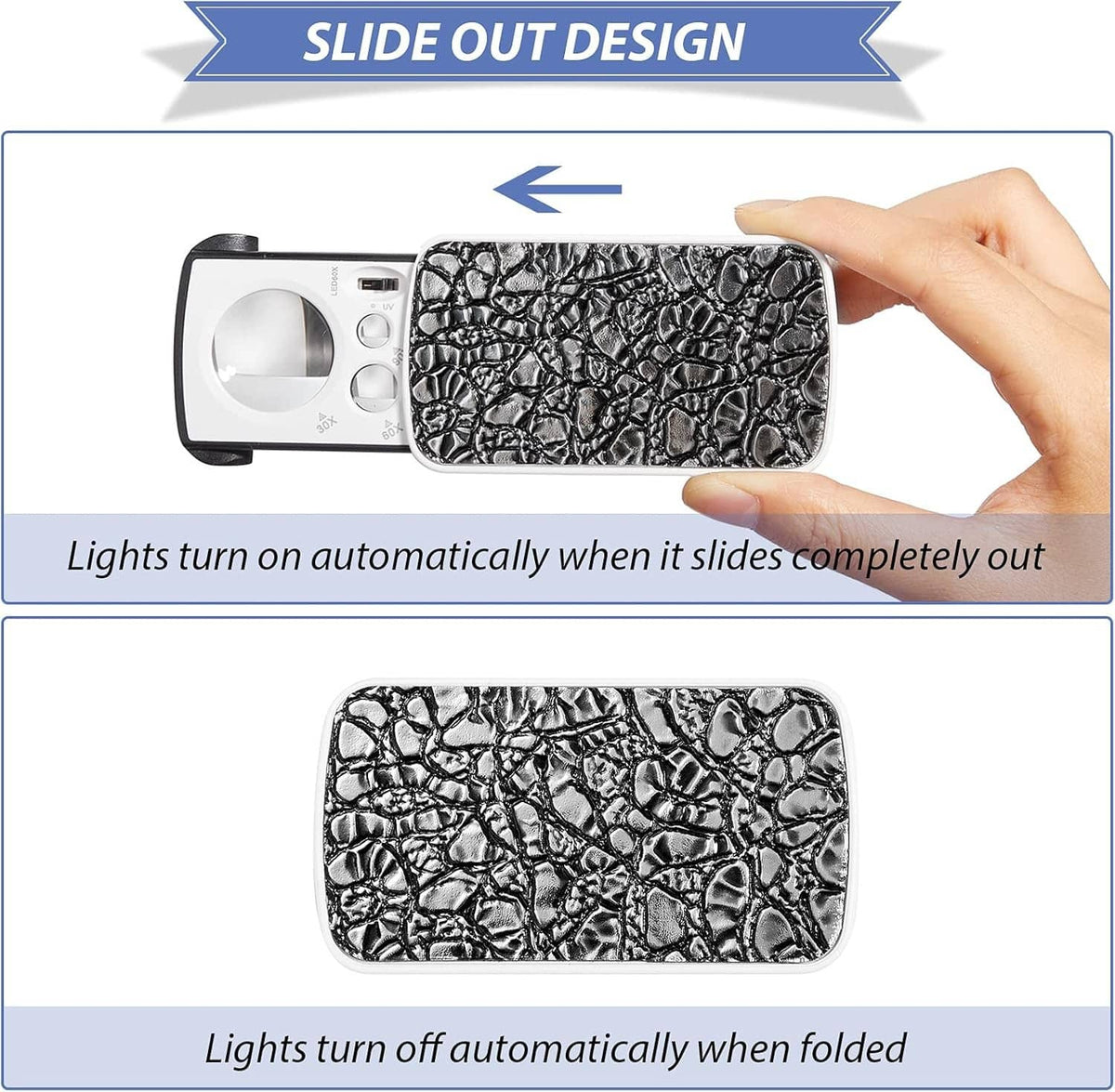 Slide-out illuminated jewelers loupe, white body with black textured pouch, LED