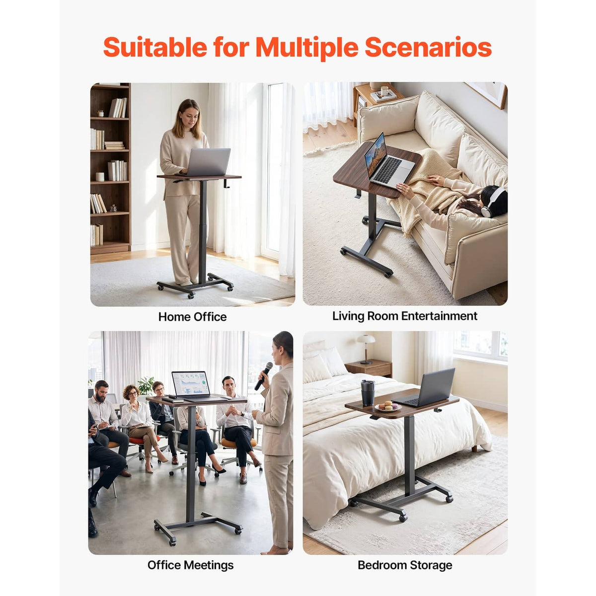 Adjustable height standing desk with dark tabletop on four caster legs, in office use