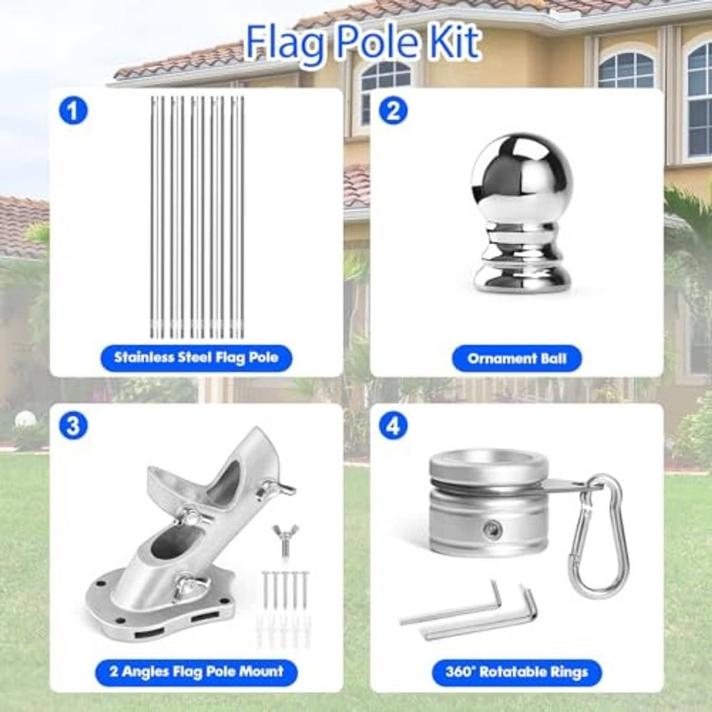 Stainless steel flag pole kit components: pole sections, finial ball, mounting angles, rings