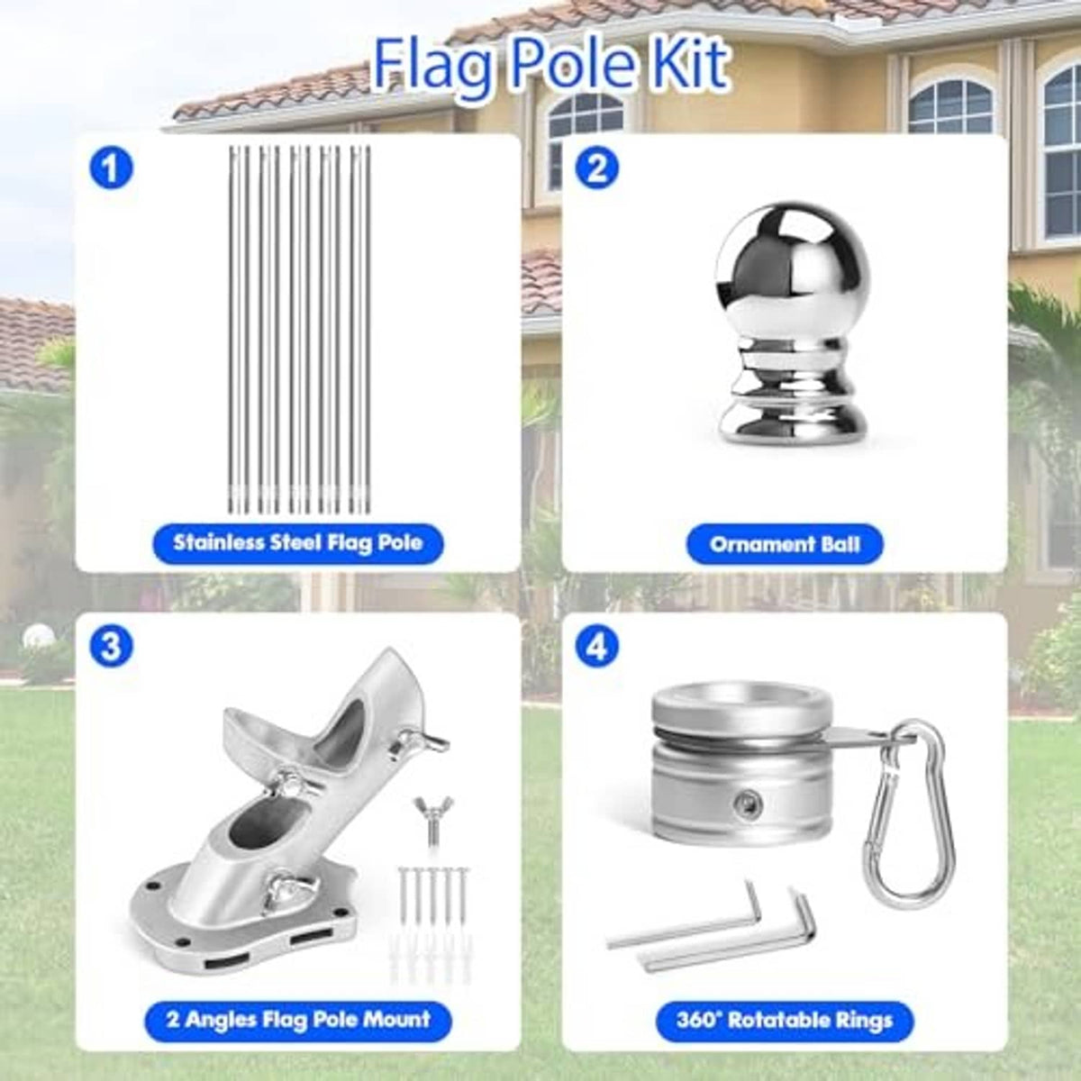 Stainless steel flag pole kit components: pole sections, finial ball, mounting angles, rings