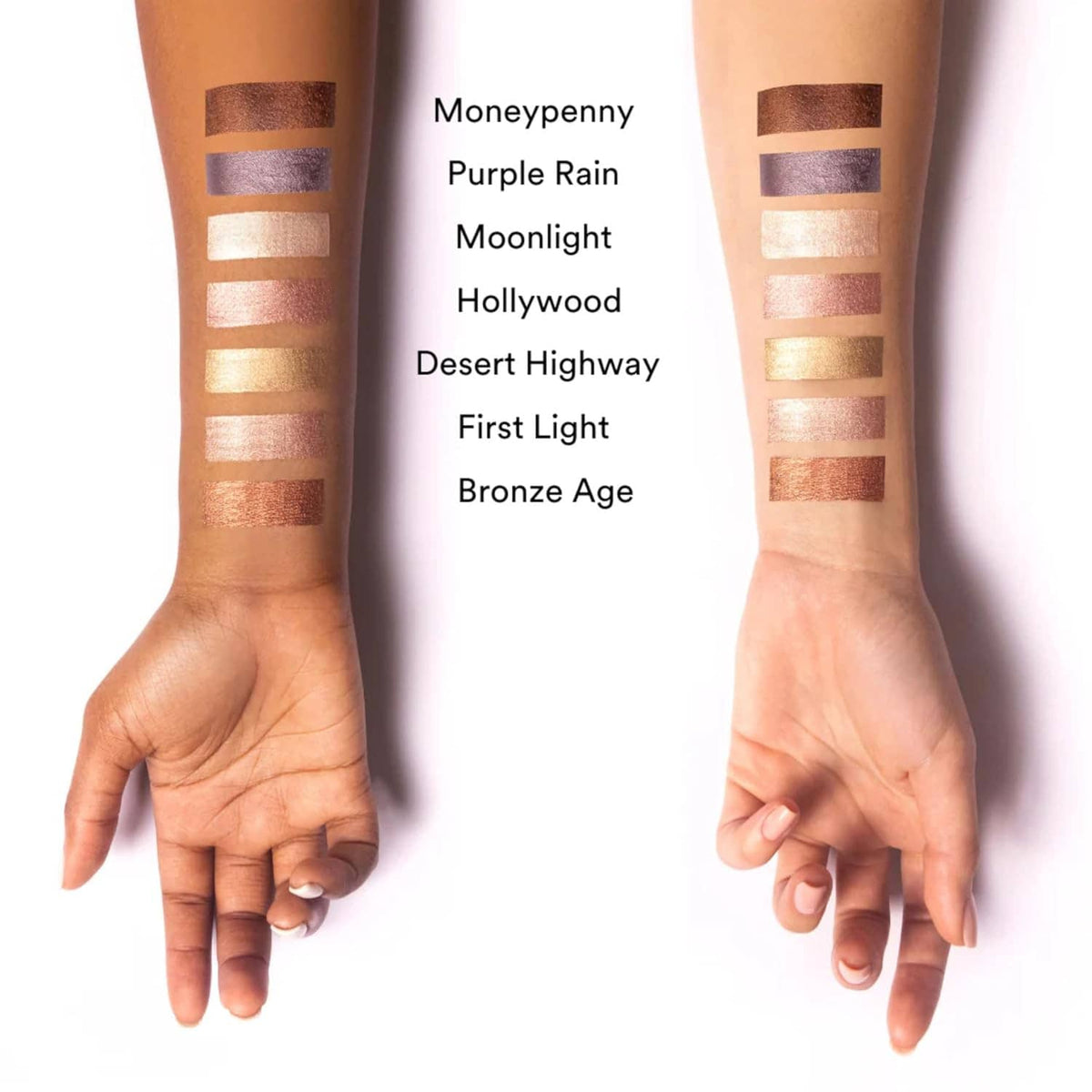 Arm swatches of Moonlight and other metallic liquid eyeshadow shades in dark bronze tones