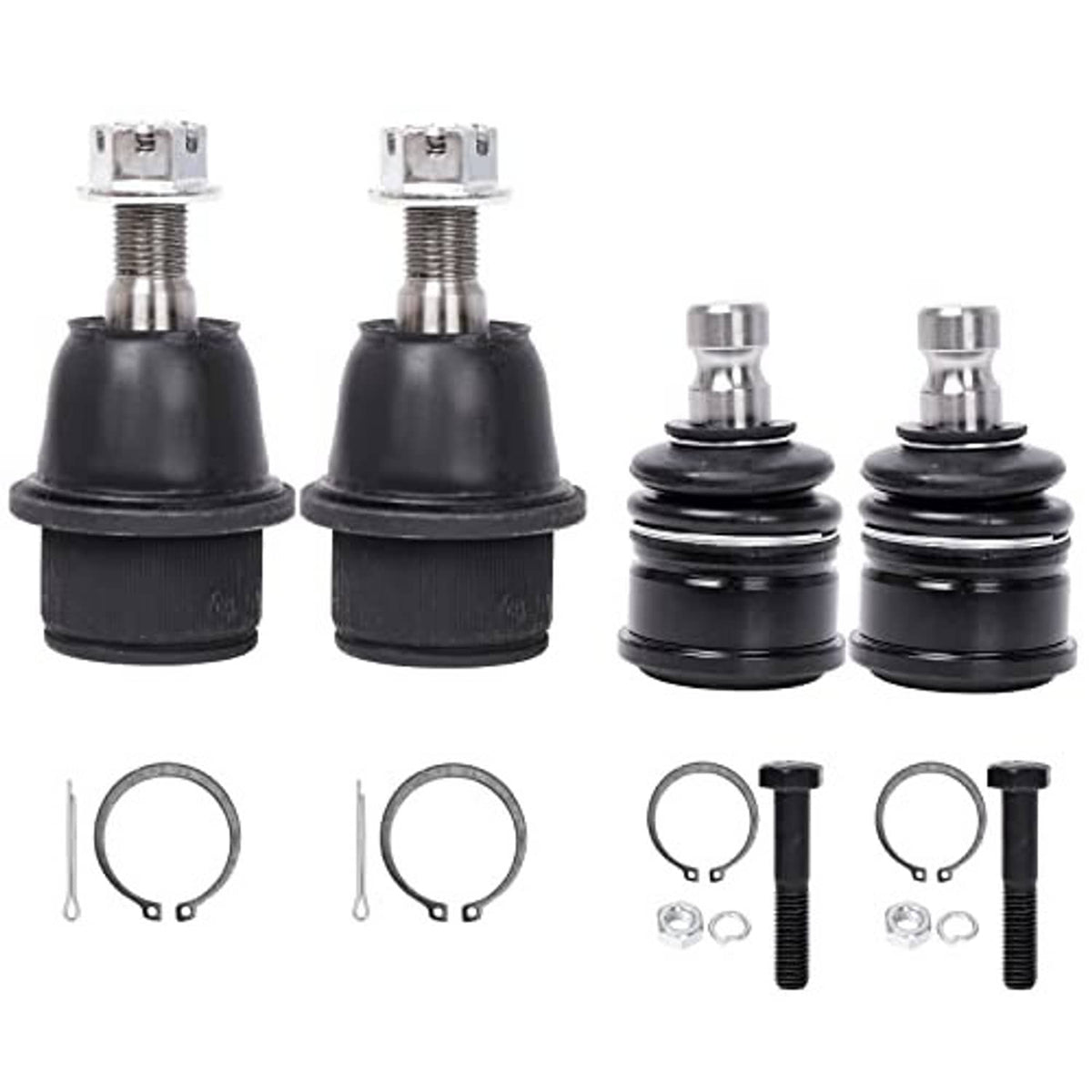 Ball joint replacement kit with two boots, metal studs, and hardware rings