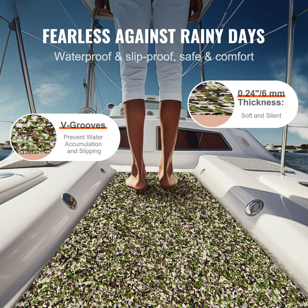 Green speckled EVA foam boat deck mat installed on a small boat floor.