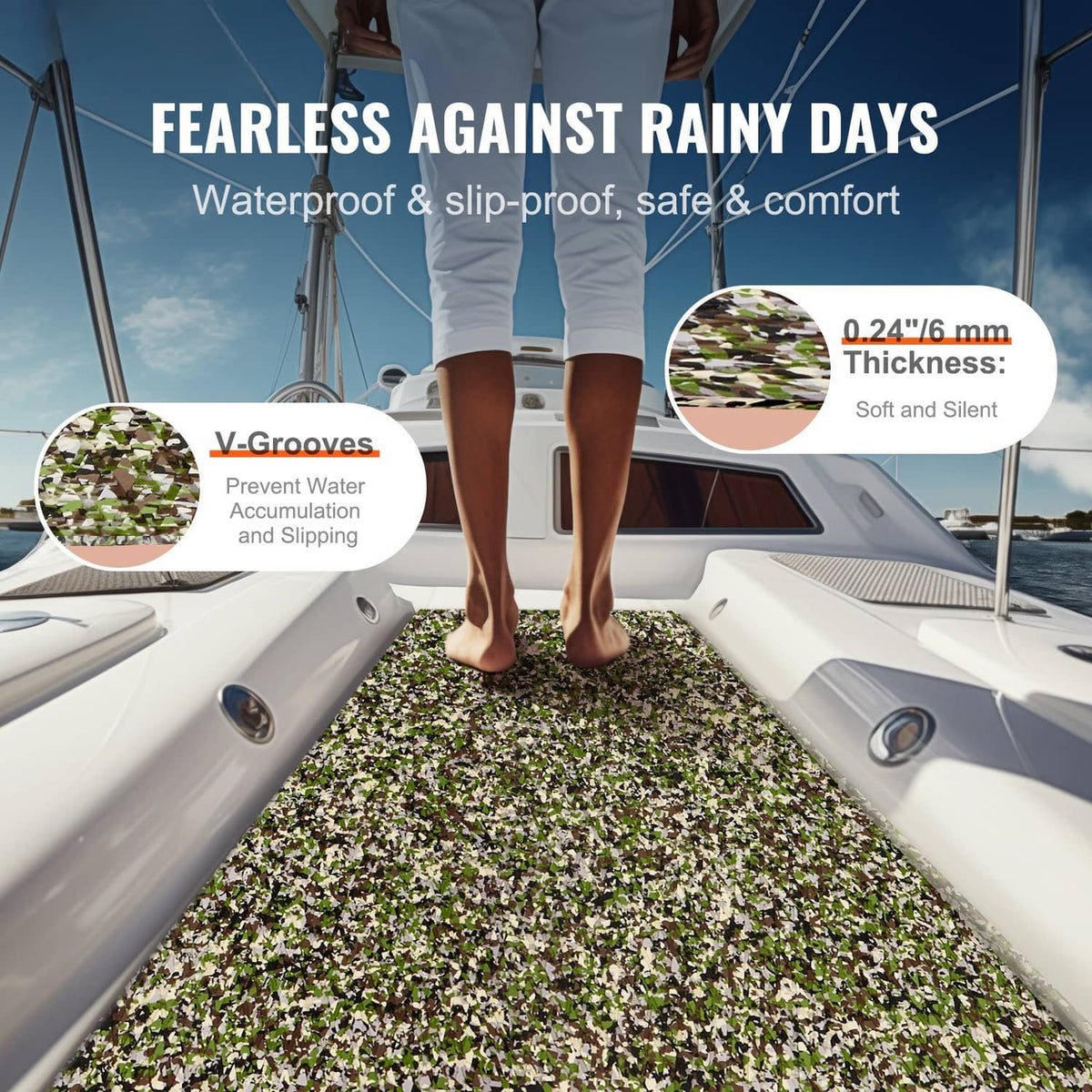 Green speckled EVA foam boat deck mat installed on a small boat floor.