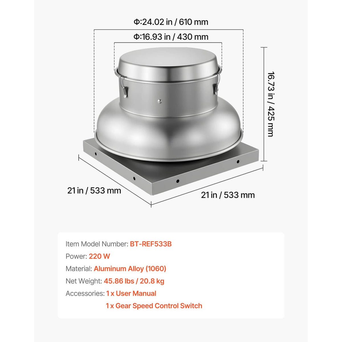Roof ventilation fan dimension diagram with aluminum dome housing and mounting base