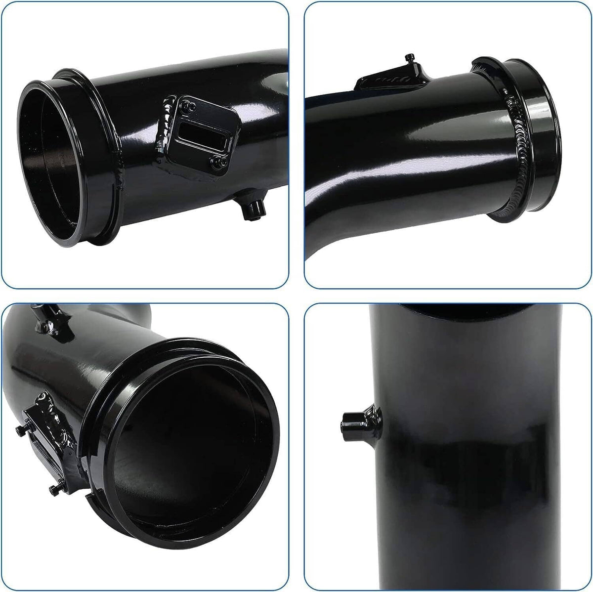 Black air intake pipe with mounting hardware and flange connection points