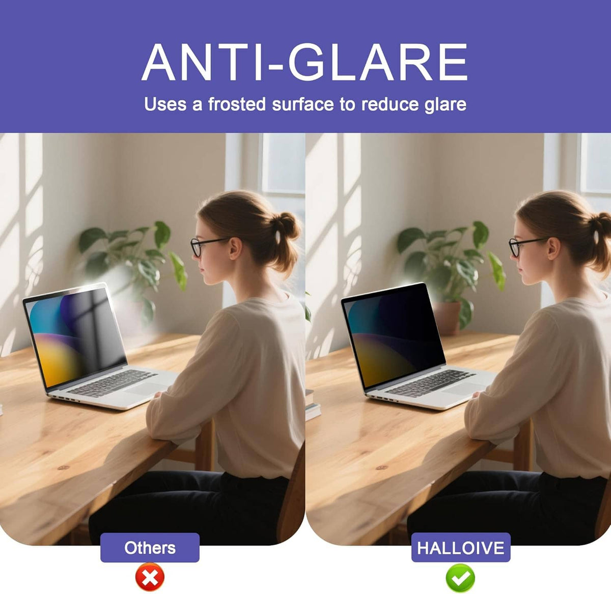 Anti-glare privacy screen protector with frosted surface effect on laptop