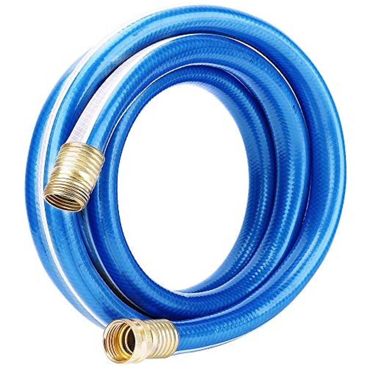 Looped blue garden hose with brass male and female threaded fittings