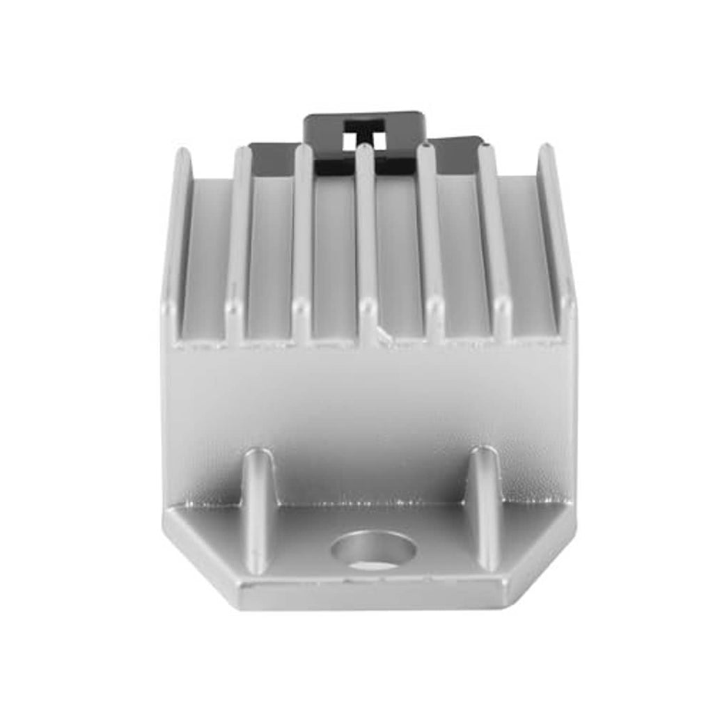 12V 4-pin voltage regulator rectifier underside with silver fins and circular mounting hole