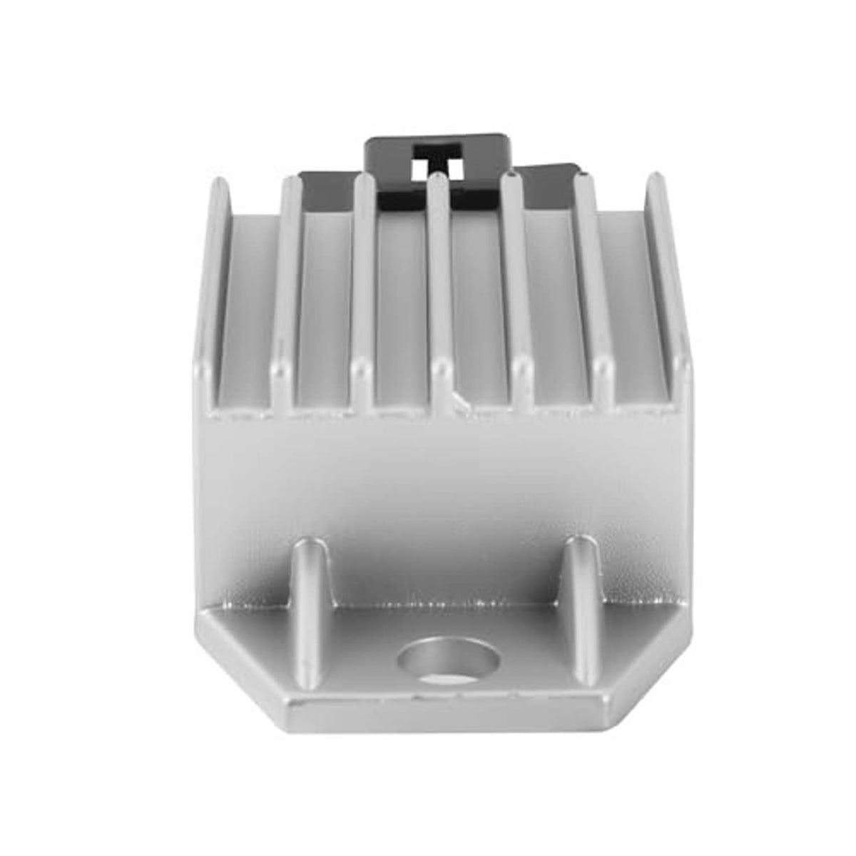 12V 4-pin voltage regulator rectifier underside with silver fins and circular mounting hole