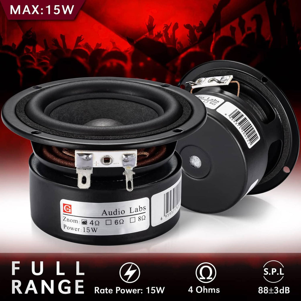 Black 3-inch full-range speaker woofer with visible terminal contacts and cone