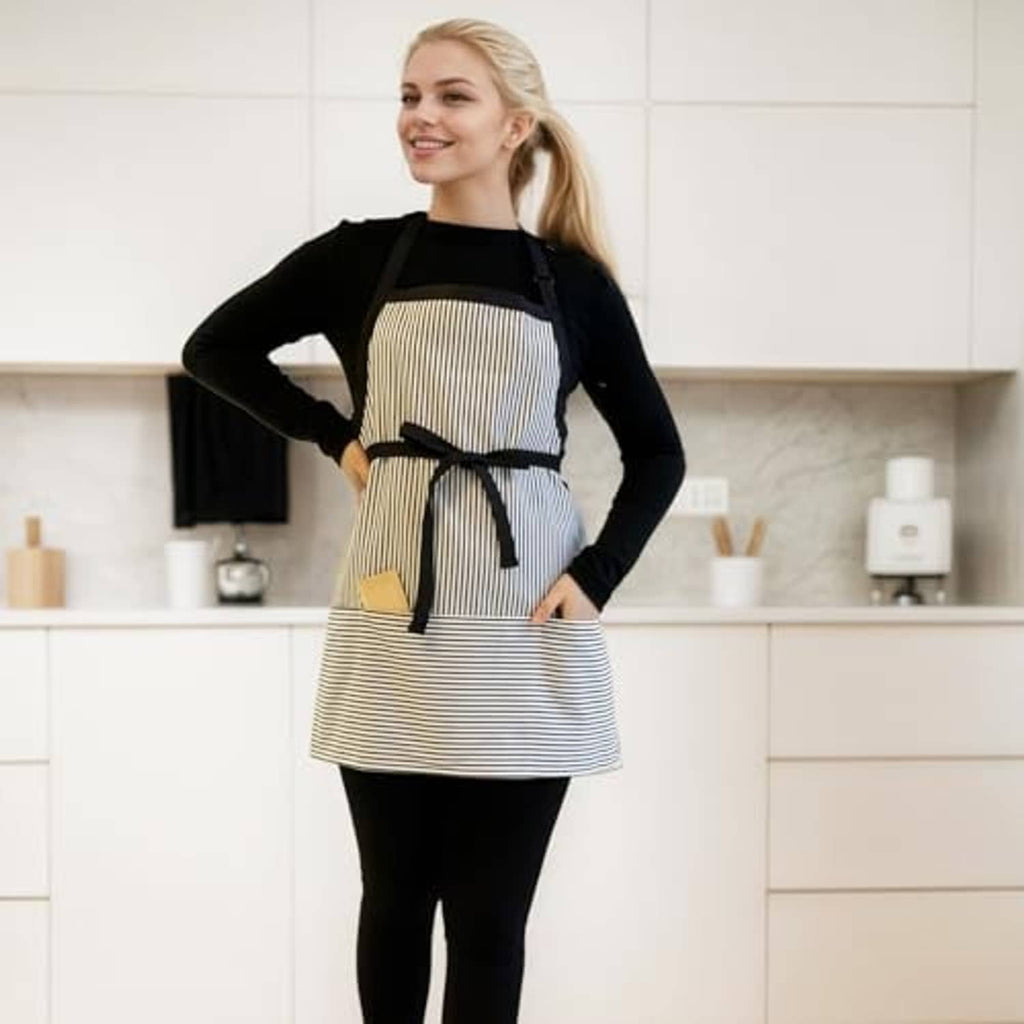 Black-and-white striped server apron with black straps and long waist-tie on model