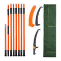 Orange fiberglass pole saw pruner with black hook knife blades and green storage bag