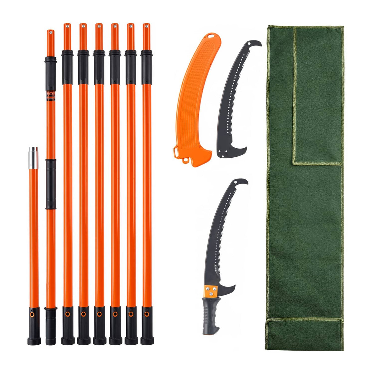 Orange fiberglass pole saw pruner with black hook knife blades and green storage bag