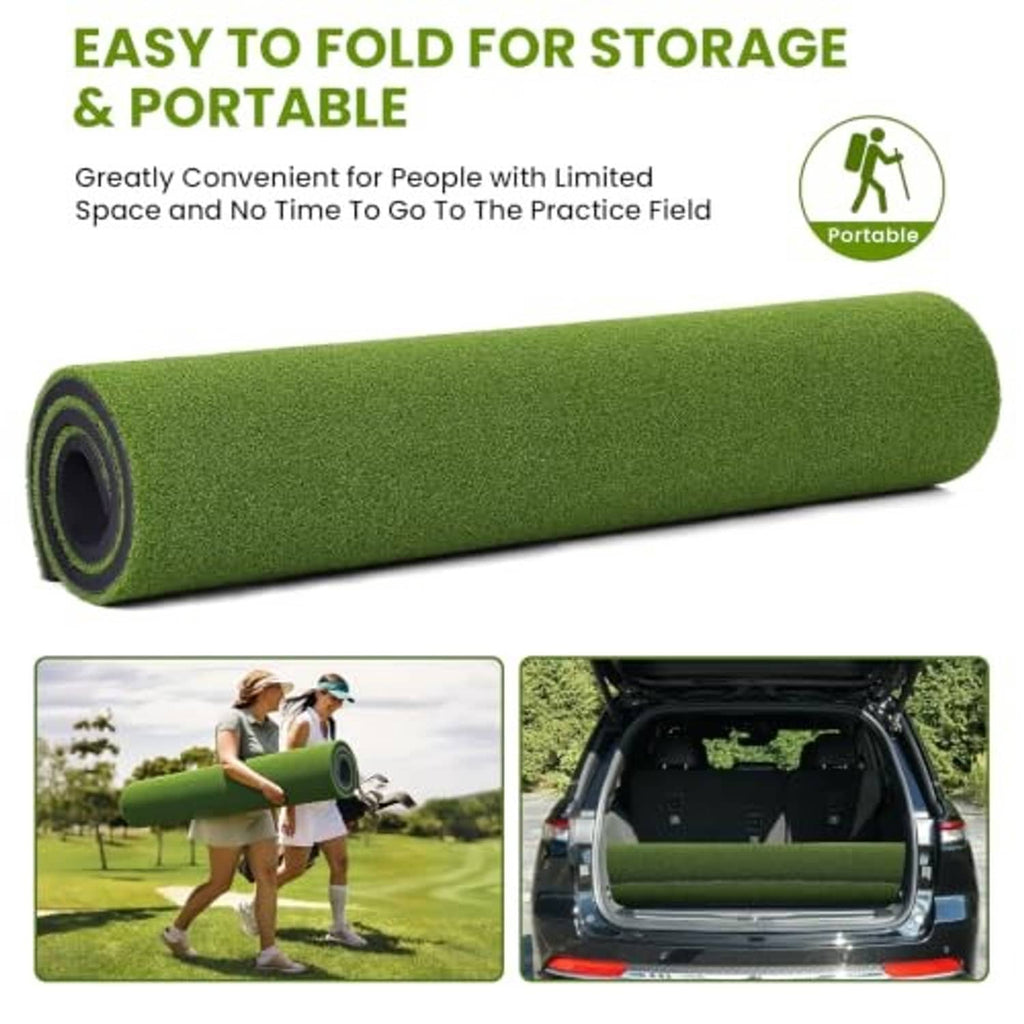 Rolled green golf hitting mat for easy storage and portable transport.