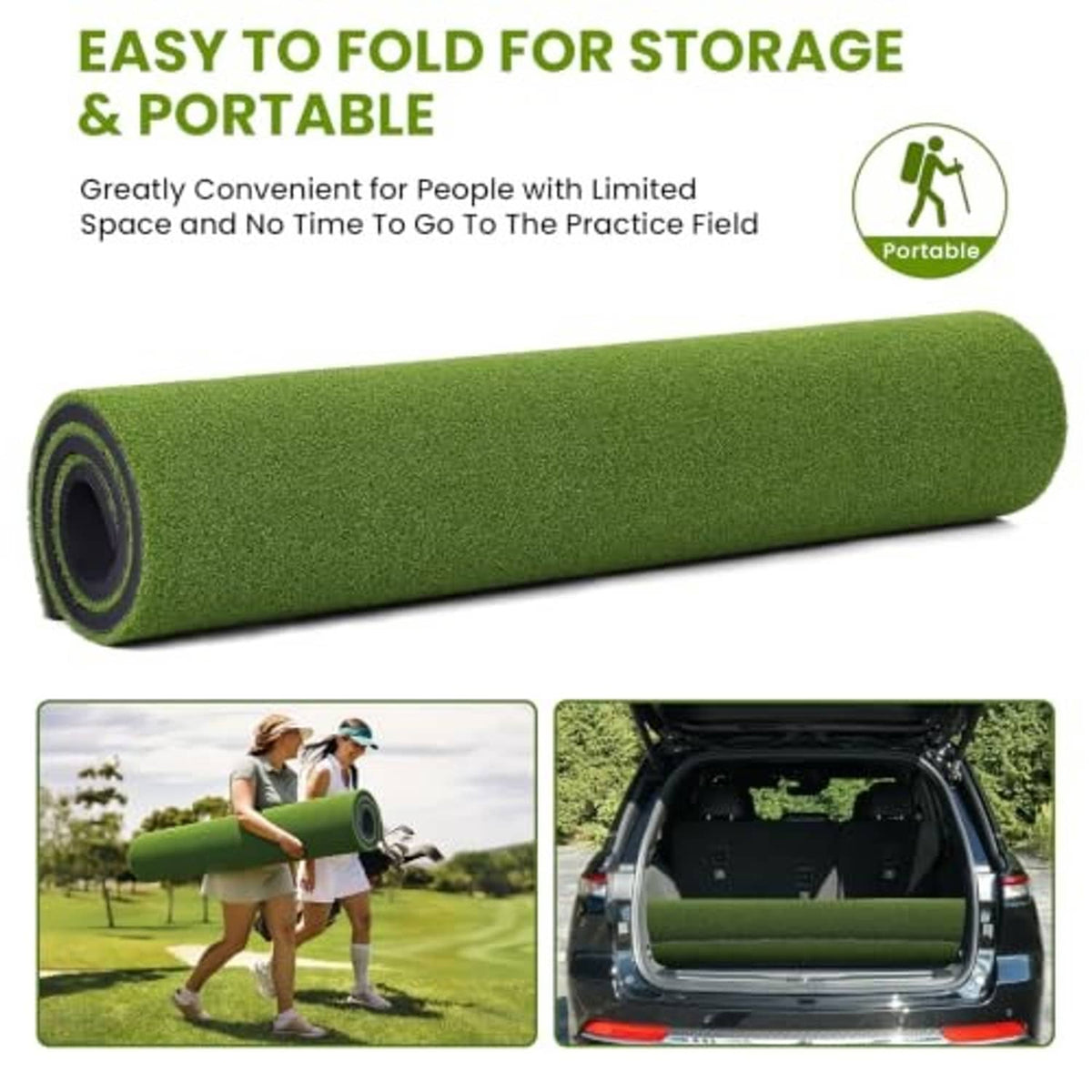 Rolled green golf hitting mat for easy storage and portable transport.
