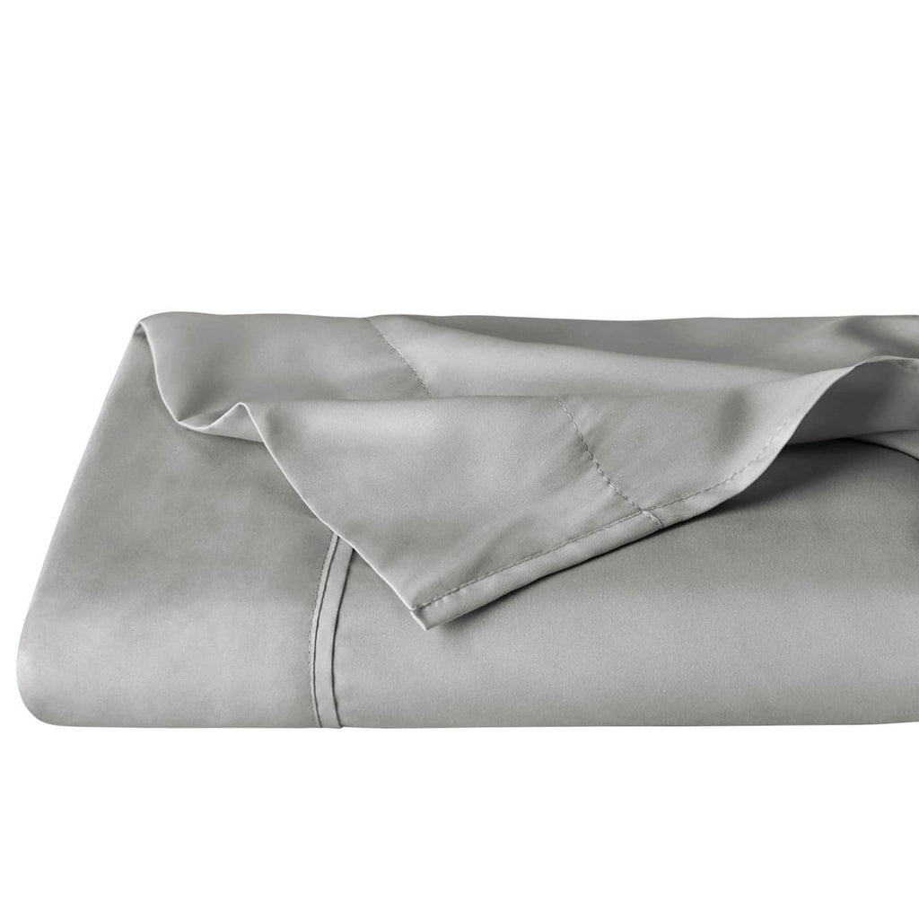 Light grey king flat sheet, neatly folded microfiber with stitched edge