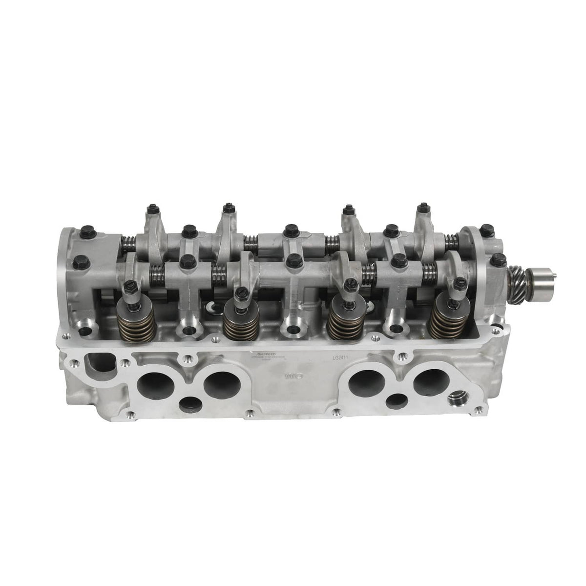 Cylinder head assembly straight side view with camshaft, rocker arms, and ports