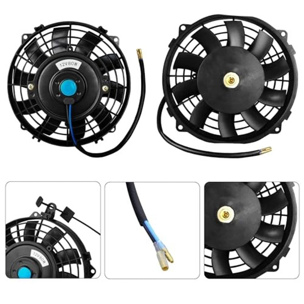 Pair of 7-inch radiator cooling fans, front and side views with circular vent blades