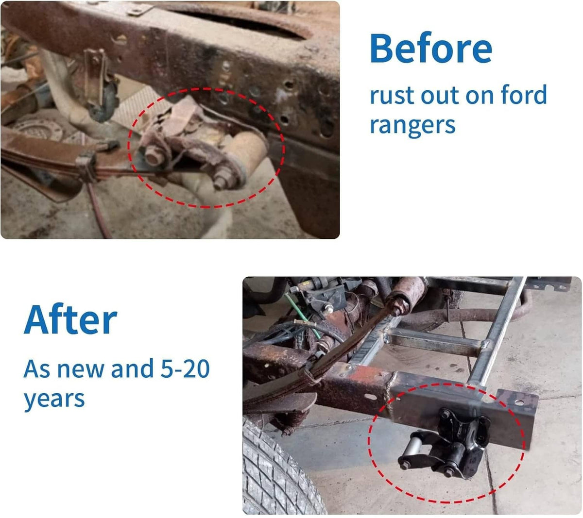 Rear leaf spring hanger and shackle kit shown as rust replacement for Ford Ranger