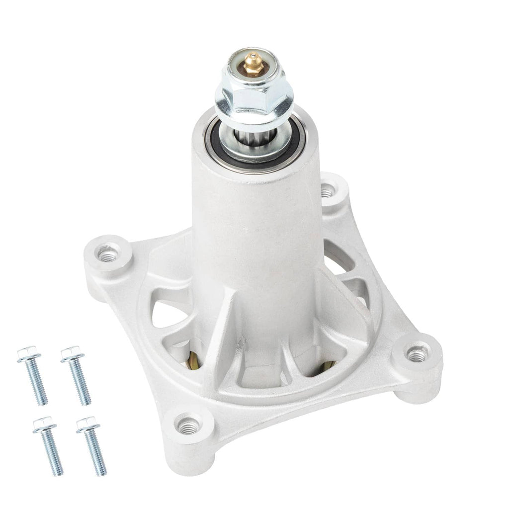 Deck spindle assembly with silver housing, circular bearing top, and mounting holes