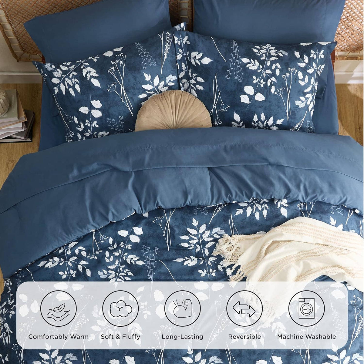 Navy floral comforter set shown on a bed with pillows and layered bedding