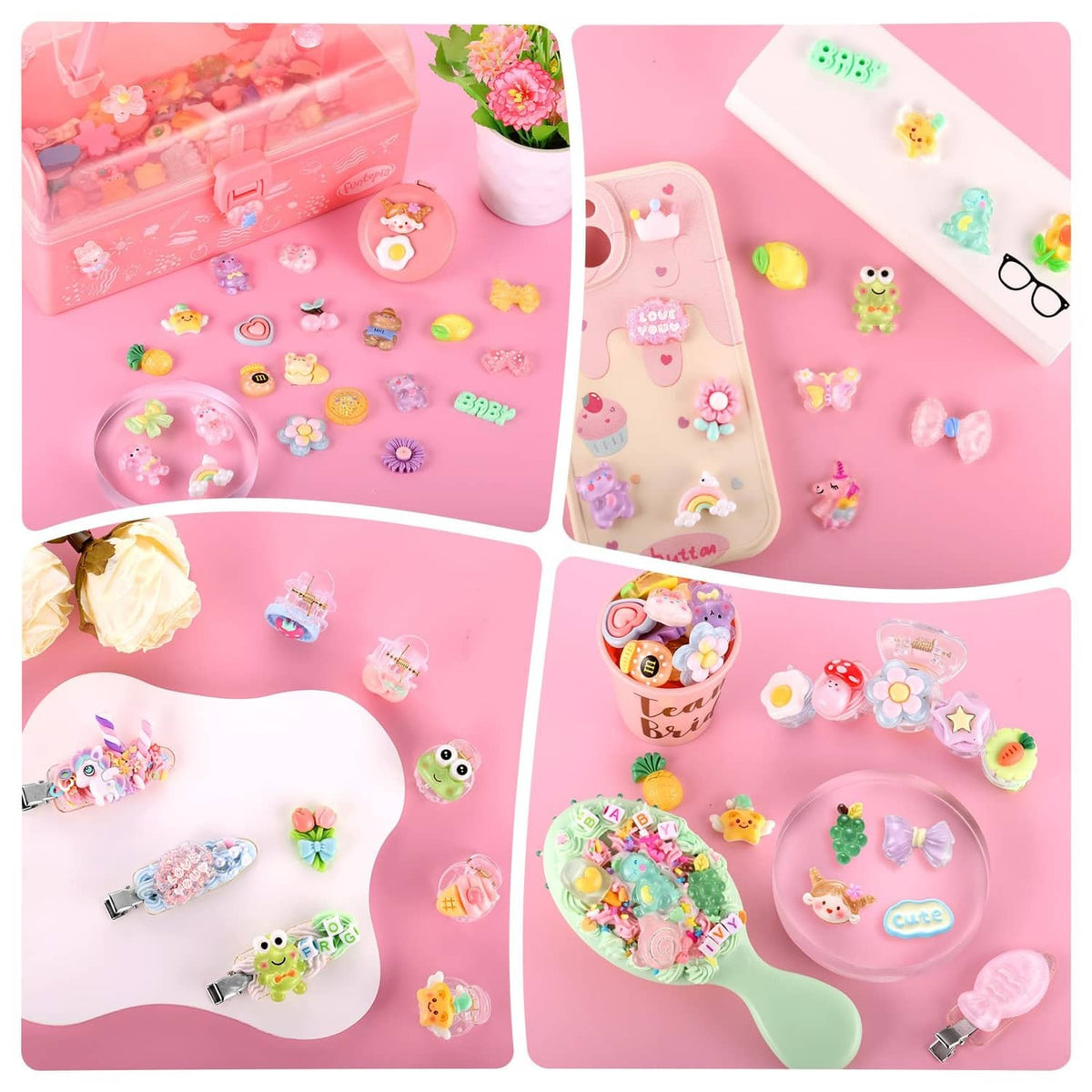 Small multicolor slime charms laid out with phone and pouch for decoration.