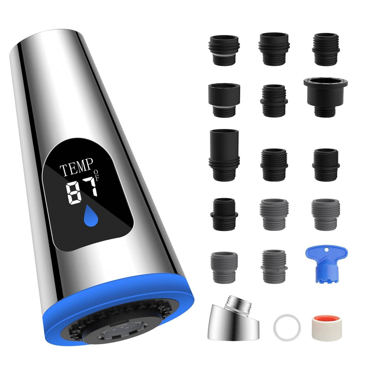 Chrome pull-down faucet replacement head with blue ring and LED temperature display