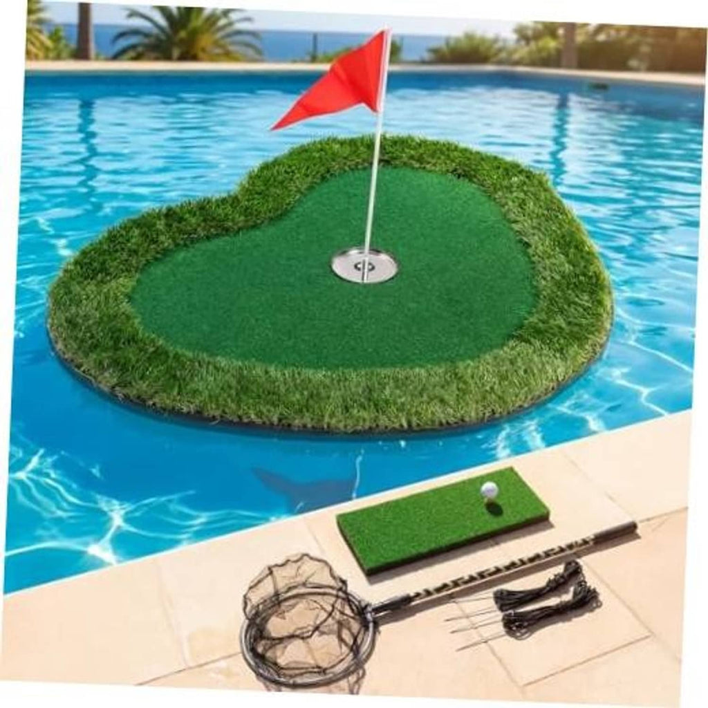 Floating golf green mat with hole and red flag on pool water