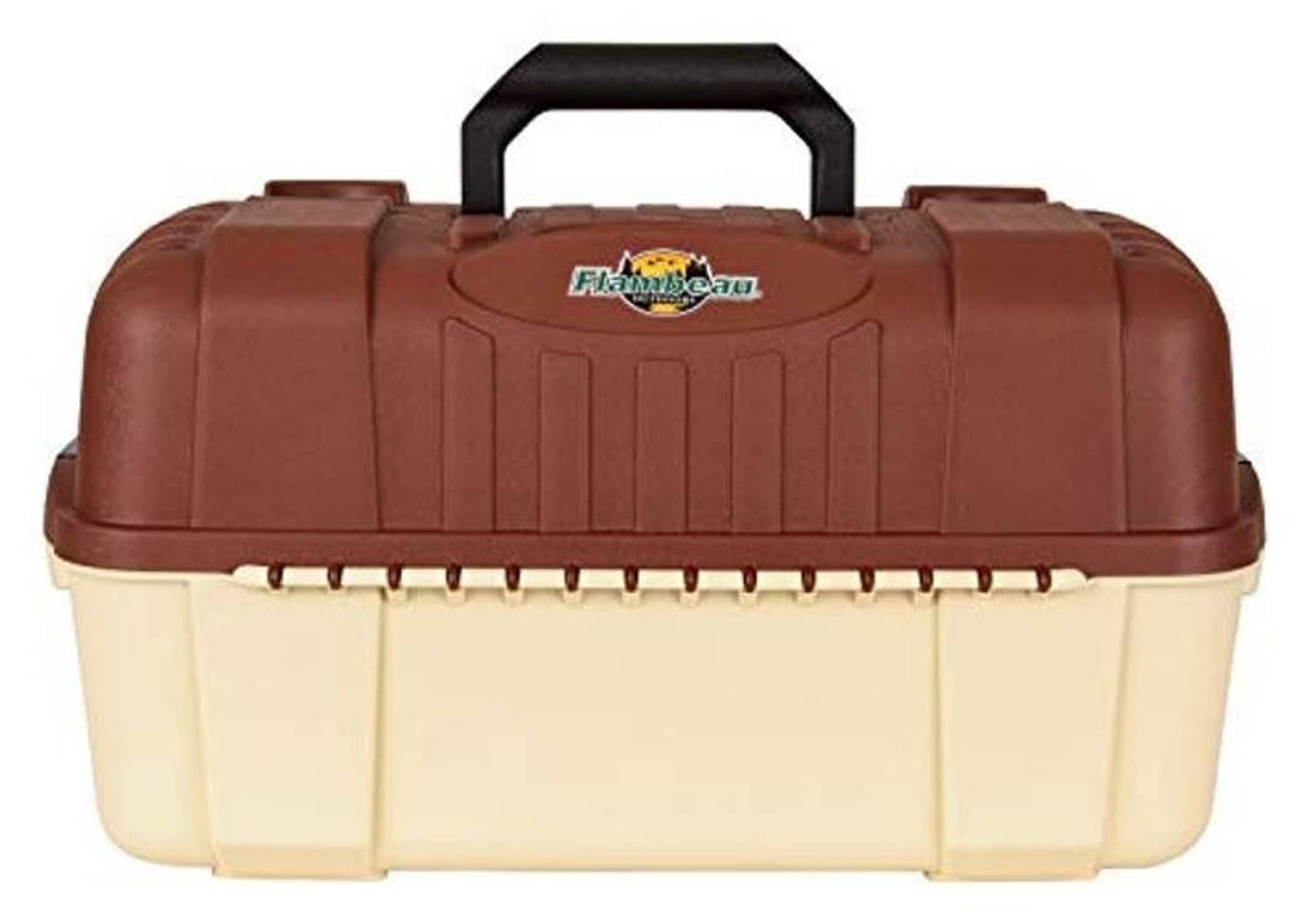 Fishing tackle box closed with brown molded lid, cream base panels, and black carry handle