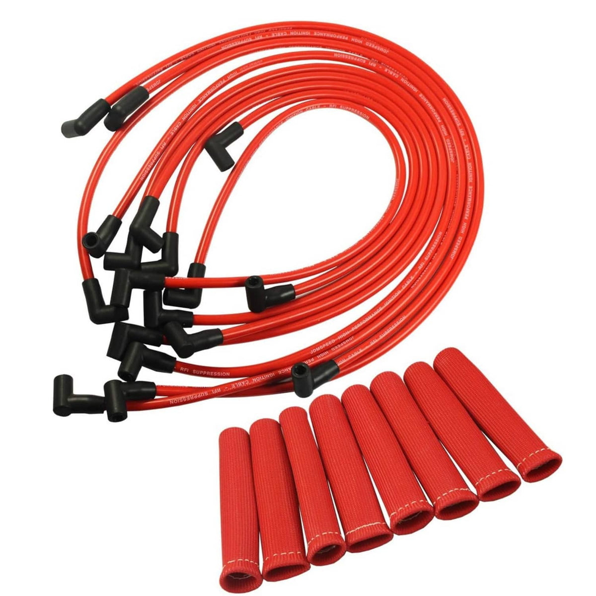 Red spark plug wire set with black ignition boots and 90-degree ends
